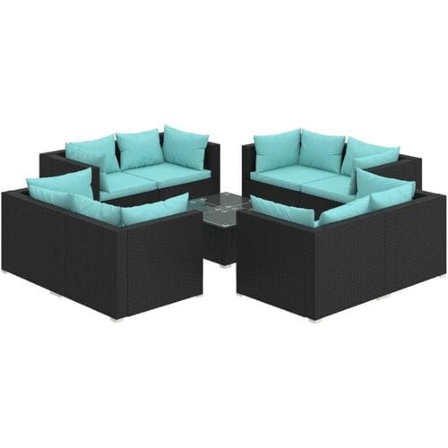vidaXL - 9-delige - Loungeset - met - kussens - poly - rattan - zwart