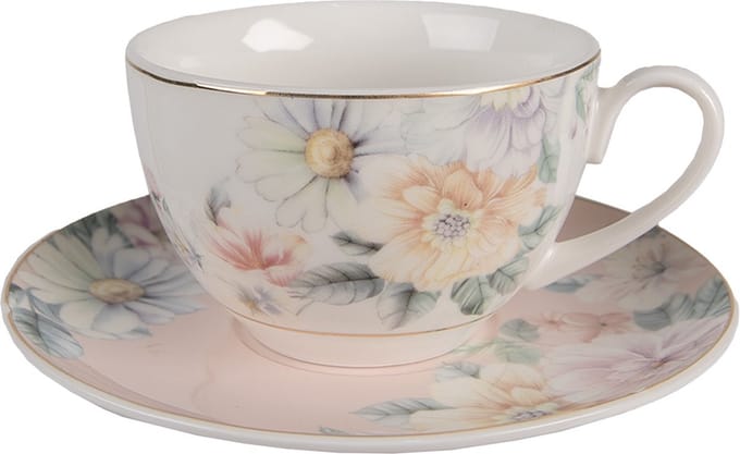 Clayre & Eef Kop en Schotel 250 ml Roze Wit Porselein Bloemen