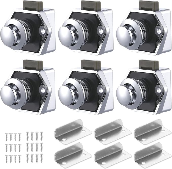 6 Pcs Push Button Lock, Drawer Lock and Cabinet Door Lock, Keyless Door Locks for RV, Yacht, Boat, Caravan