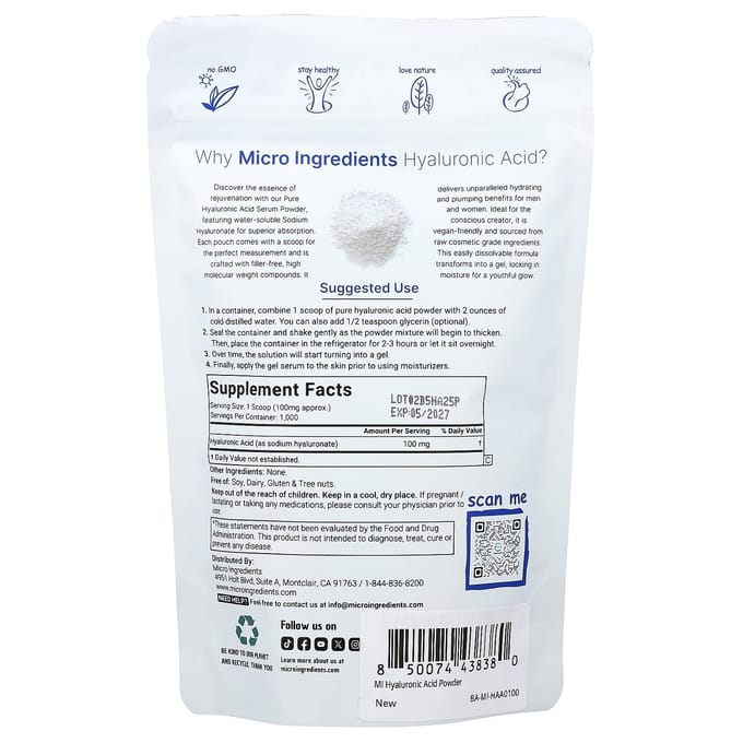 Micro Ingredients, Poudre d'Acide Hyaluronique, 100g (3,52 oz)