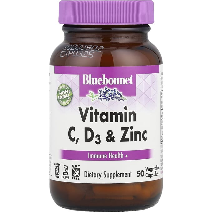 Bluebonnet Nutrition, vitamine C, D3 en zink, 50 vegetarische capsules