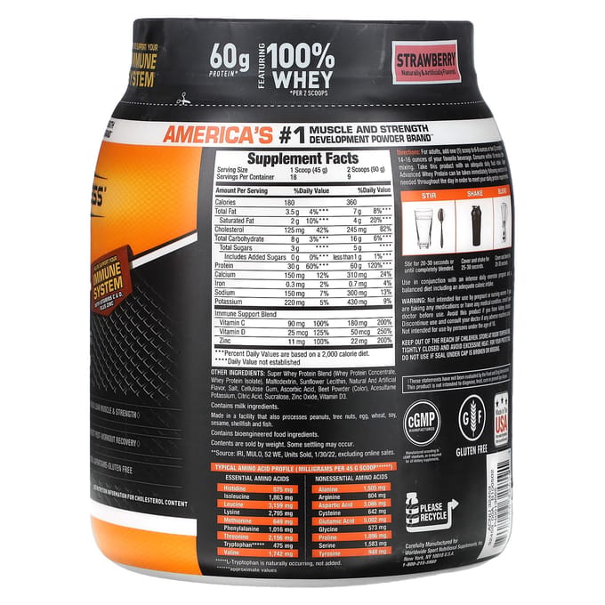 Body Fortress, Super Advanced Whey Protein, Aardbei, 1,78 lb (810 g)