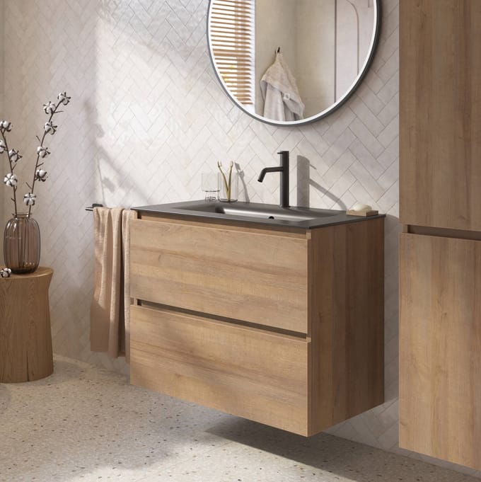 Saqu Terra badmeubel incl. mat witte keramische wastafel 80x46x66cm denver eiken