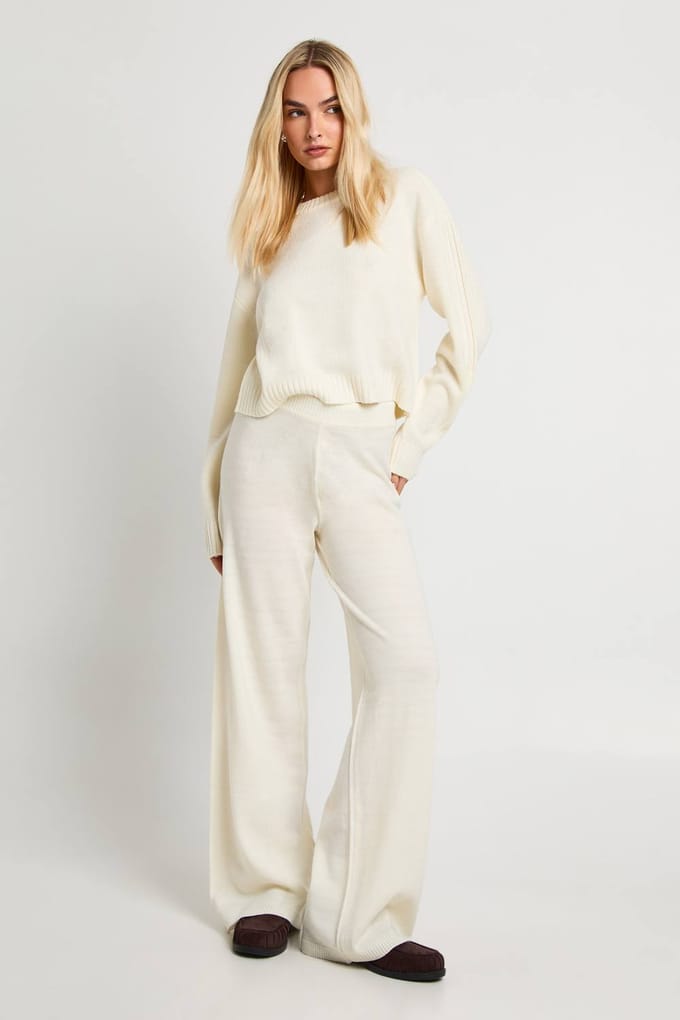 boohoo Dames Ronde hals trui en wijde broek | Creme | Maat: Medium