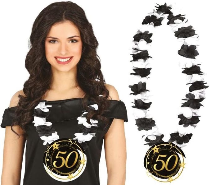 Collier Hawaïen Boa Fleurs Blanc-Noir 50e Anniversaire Cinquantième 300cm
