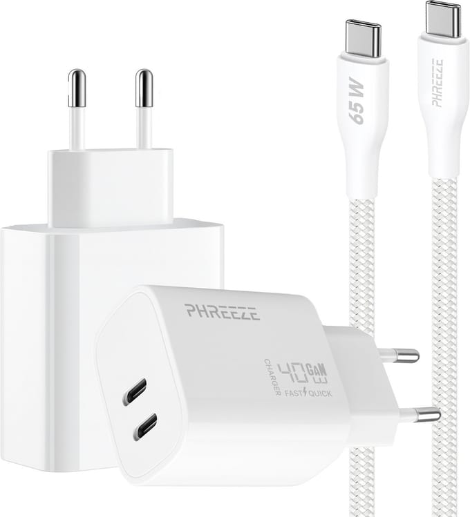Phreeze usb C oplader 40w met usb C naar usb C kabel 1 meter - Power Delivery snellader met 2 usb C poorten - PPS fast charger