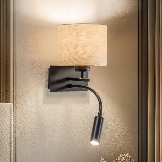 Argon Wandlamp Harry, rond, zwart/licht hout