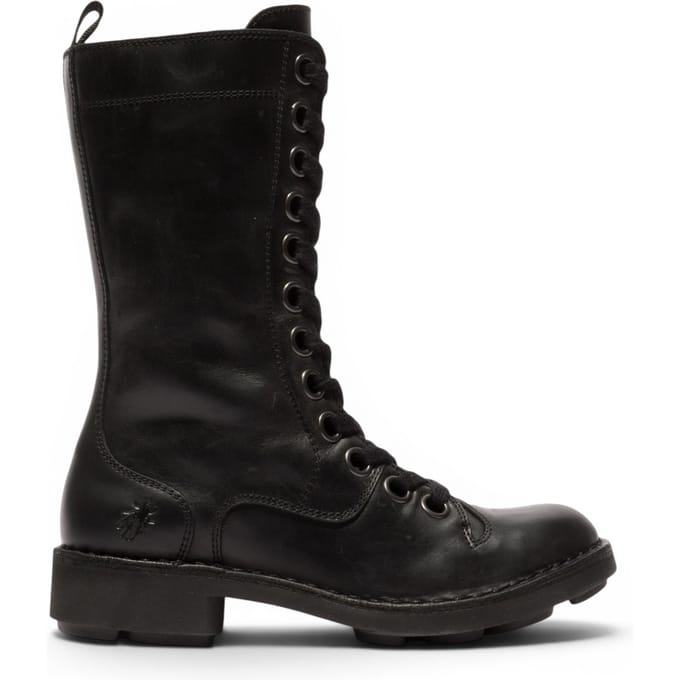 Fly London Women's Black Leather Strike-Up Combat Ankle Boots - NOLE176