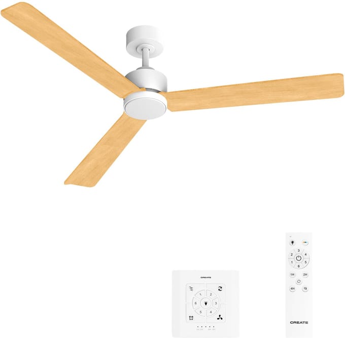 CREATE - Stille plafondventilator 40W met licht - Wit / Licht hout - Ø152cm - Controller voor wandmontage + afstandsbediening - WIND MODERN