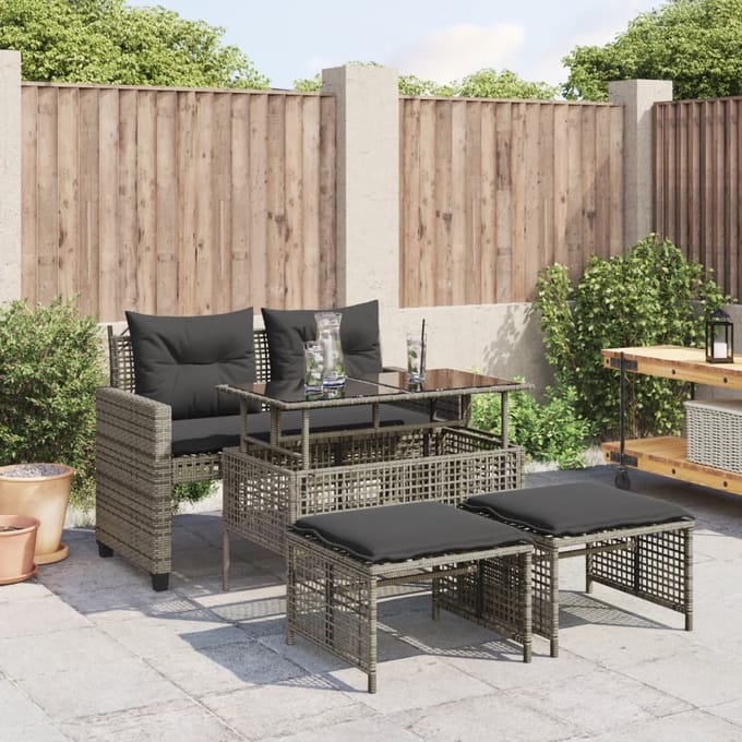 vidaXL - 4-delige - Loungeset - met - kussens - poly - rattan - en - glas - grijs