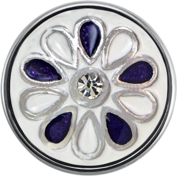Quiges - Dames Click Button Drukknoop 18mm Bloem Wit met Paars Emaille - EBCM297