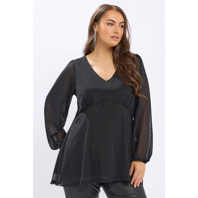 Yours Zwarte Mesh Top Met Ballonmouwen Size 48