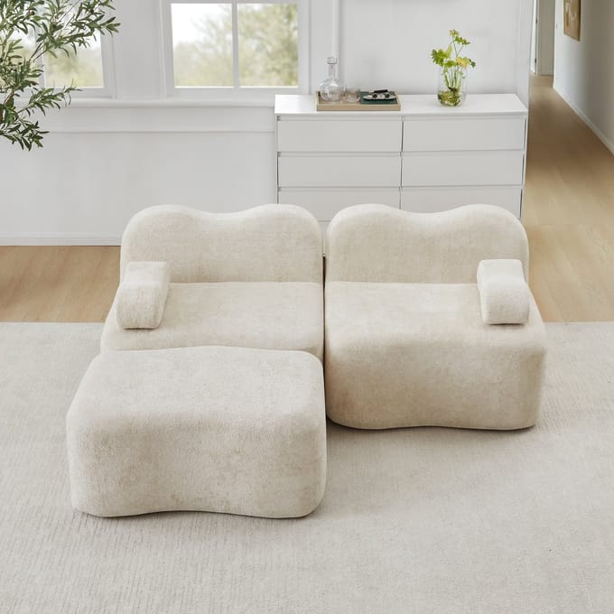 MODFU Modulaire Hoekbank - Golfvormig - Met Hocker - Woonkamer - Fluweel - Beige