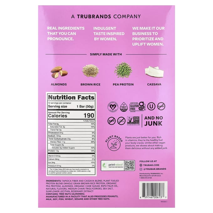 Trubar, Barre Protéinée Végétale, Rêve de Donut, 12 Barres, 50g (1,76 oz) Chaque