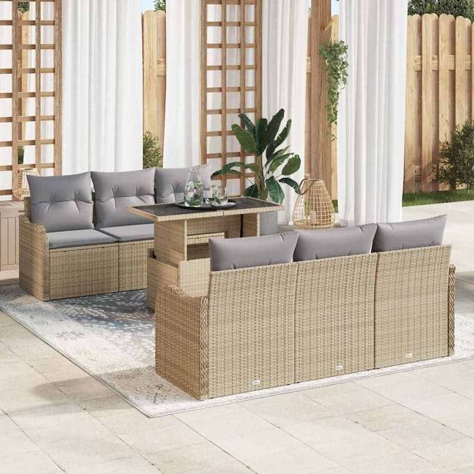vidaXL - Tuinbank - Set - 7 - st - 6-Aantal - zitplaatsen - Beige - Poly - Riet