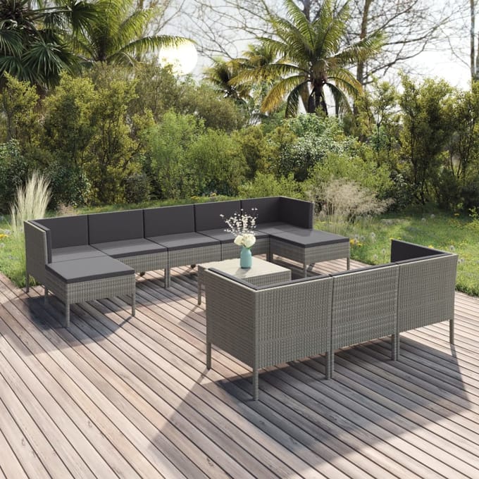 vidaXL - 11-delige - Loungeset - met - kussens - poly - rattan - grijs