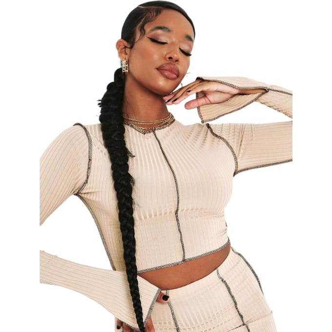 Missy Empire Crop-top voor dames met contrasterende geribde mouwen met split (Steen)