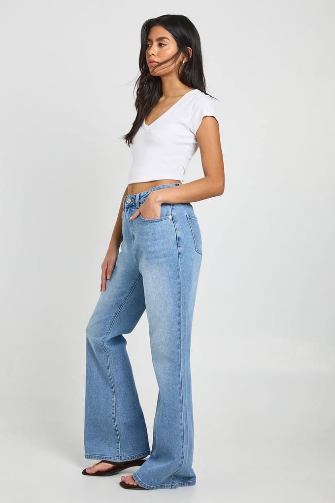 boohoo Dames De Hoge Taille Wijduitlopende Jeans | Medium Blauw | Maat: 6/32L