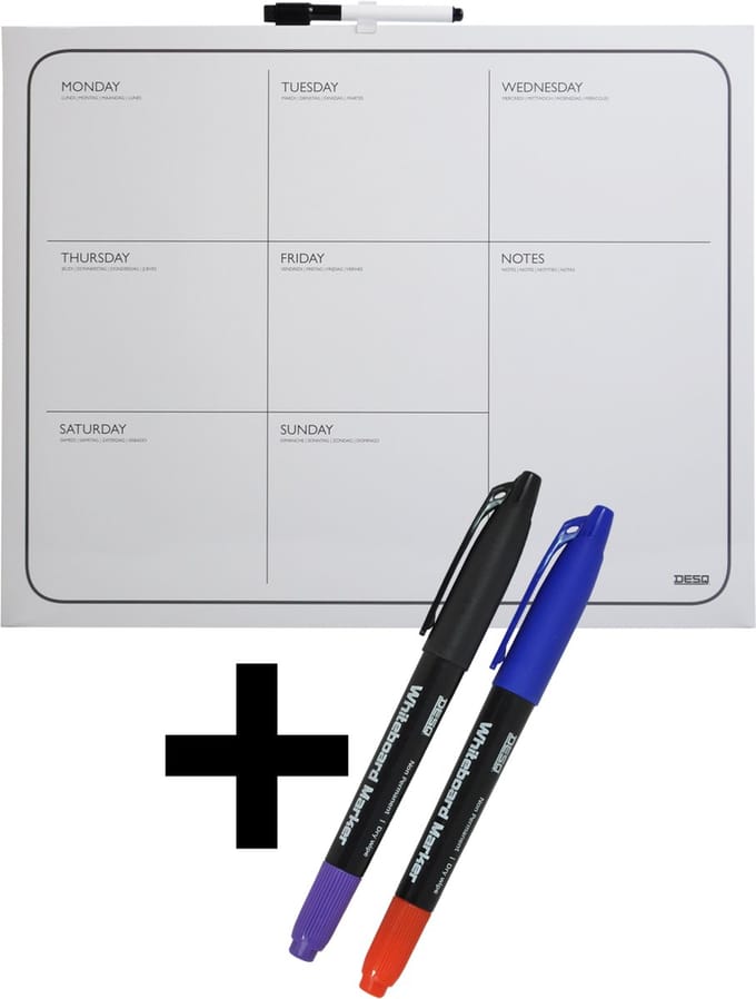 DESQ® Weekplanner met Stiften - Whiteboard - Frameloos - Magnetisch - Droog Uitwisbaar - Agenda indeling - 40 x 50 cm