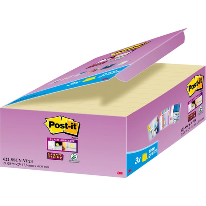 Memoblok 3M Post-it 622 Super Sticky 47.6x47.6mm geel 21 + 3 gratis