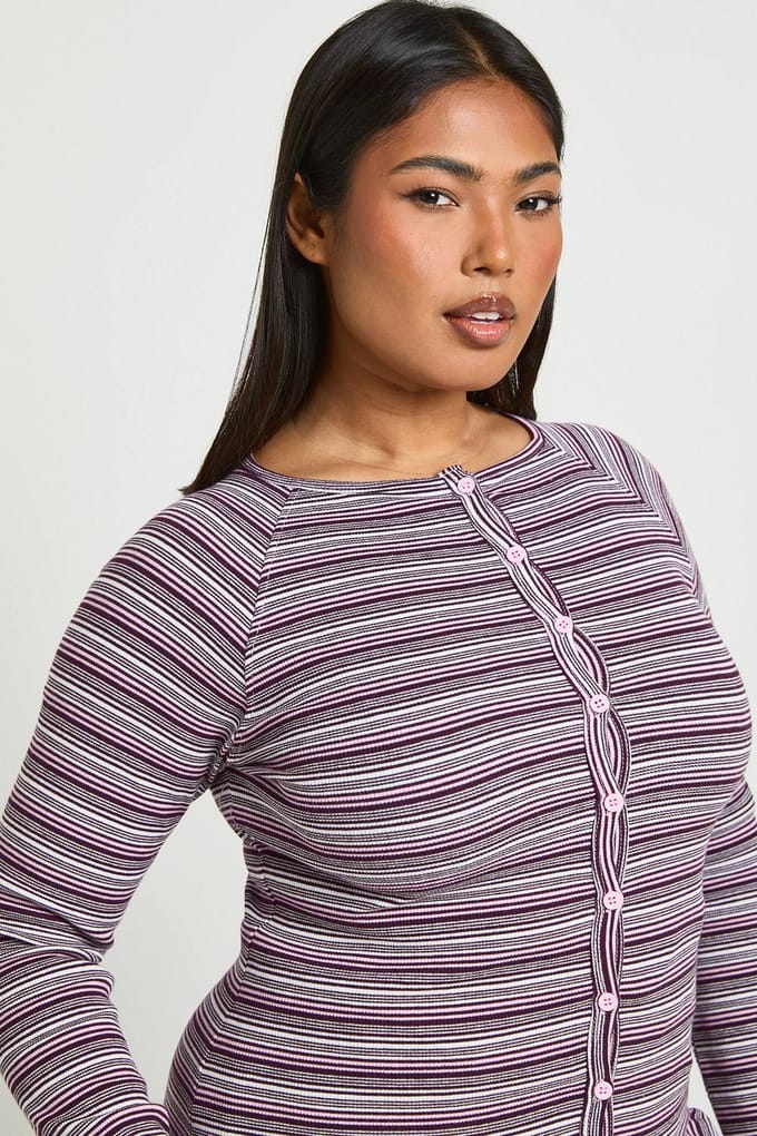 boohoo Dames Plus Gestreepte Doorknoop Lange Mouwen Top | Roze | Maat: 44