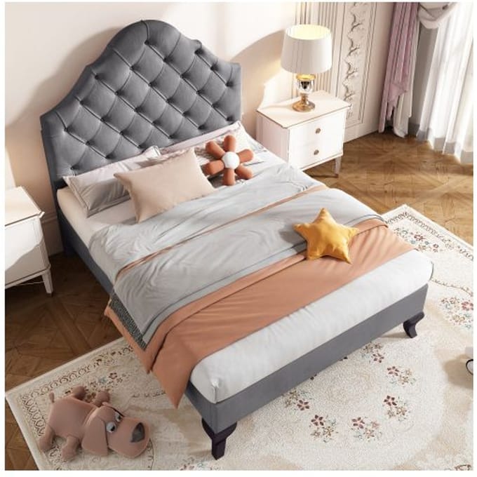 Gestoffeerd bed - MUVOE - 90x200 cm - Grijs fluweel - Verstelbaar hoofdbord - Lattenbodem grijs