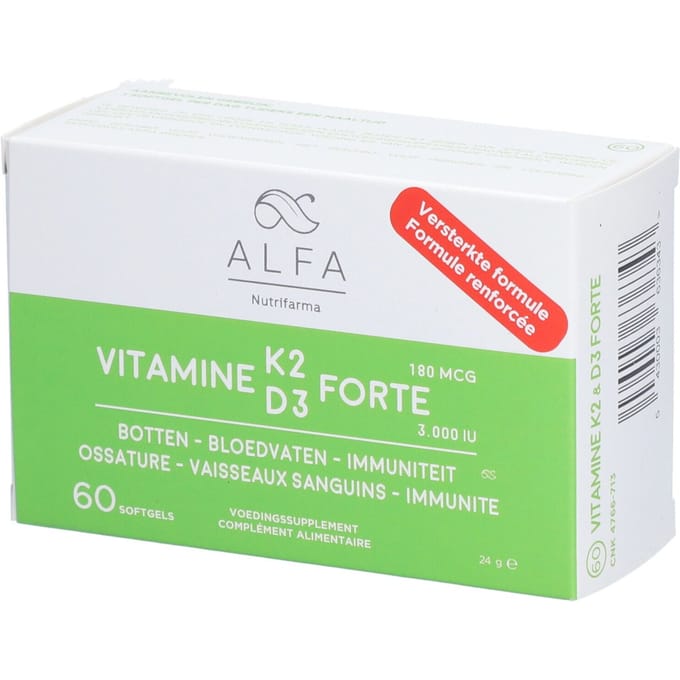 Alfa Vitamine K2 -D3 Forte Nieuwe Formule 60 Zachte capsules
