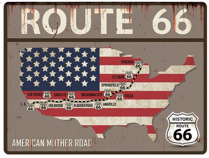Signs USA - wandbord - dibond - Route 66 map - 60 x 45 cm