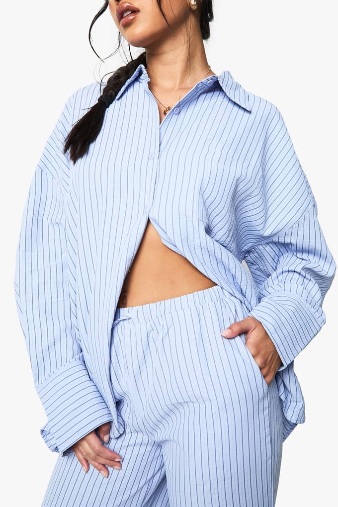 boohoo Dames Gestreepte oversized overhemd en broek set | Blue | Maat: 12