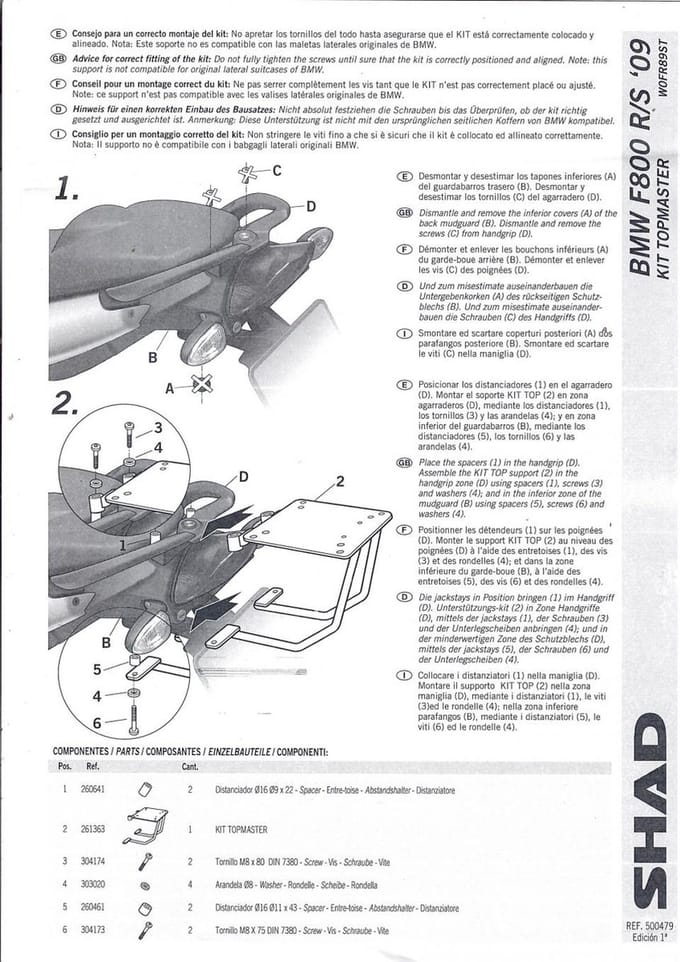 Kit TOP MASTER Support de top case Shad pour moto BMW F 800 S W0FR89ST