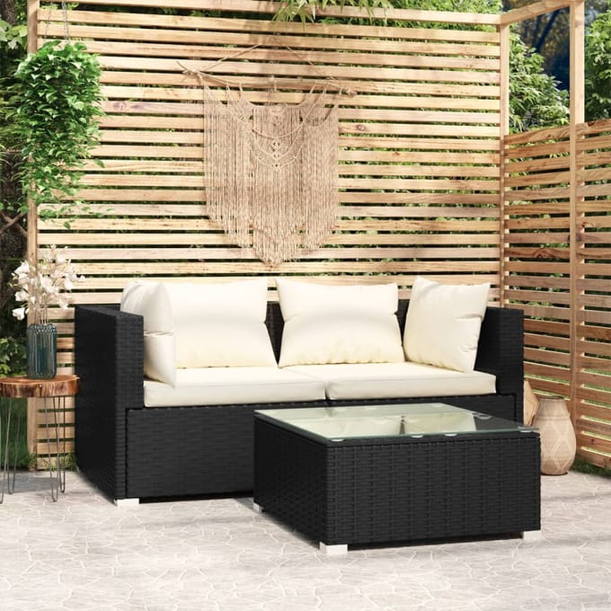 vidaXL - 3-delige - Loungeset - met - kussens - poly - rattan - zwart