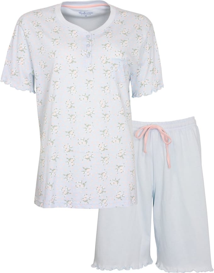 Tenderness Dames Shortama - Pyjama - Katoen - Licht Blauw - Maat M