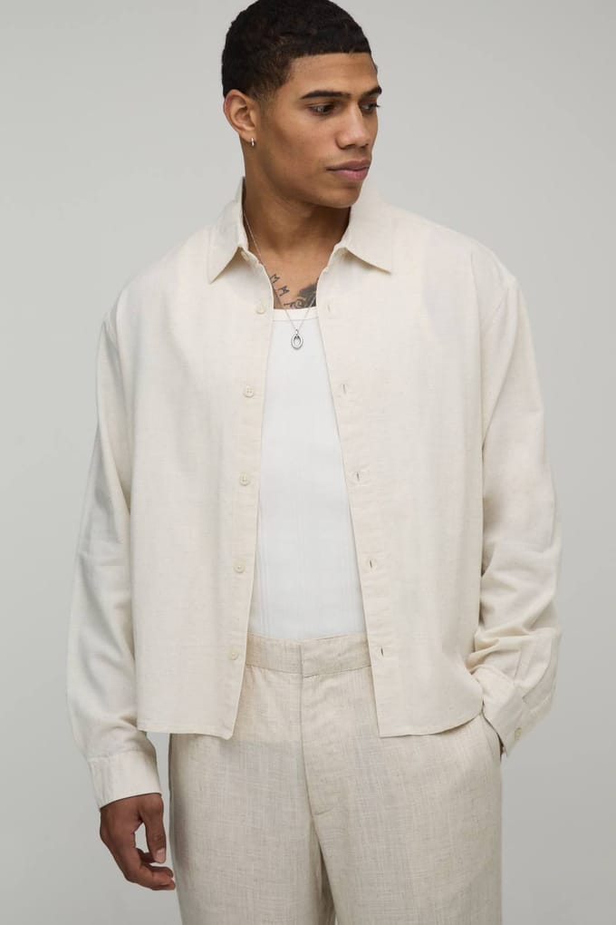 Oversized Boxy Long Sleeve Linen Co-Ord Blend Shirt | Natural | Size Large