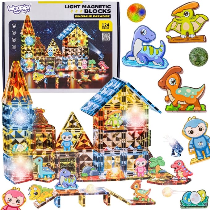 Woopie magnetische constructieblokken Gloeiend 3D-dinosauruspark 124 stuks. - UNI