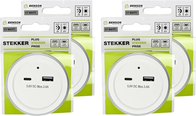Benson LED nachtlampje - 4x - draadloos - met USB A en C - warm wit