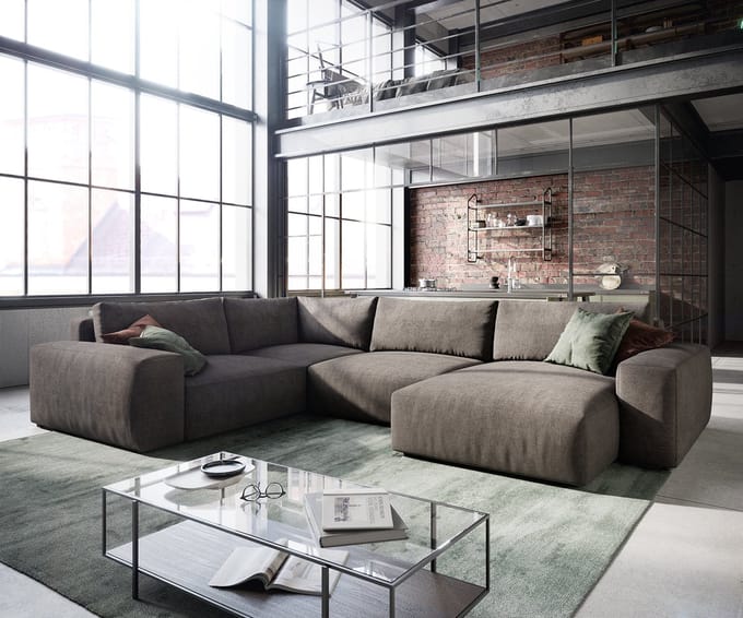 Woonlandschap Lanzo XL microvezel kaki bruin 360x260 cm variabele fauteuil