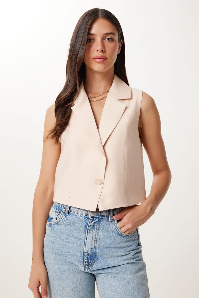 Mouwloze Linnen Schalencollar Cropped Vest