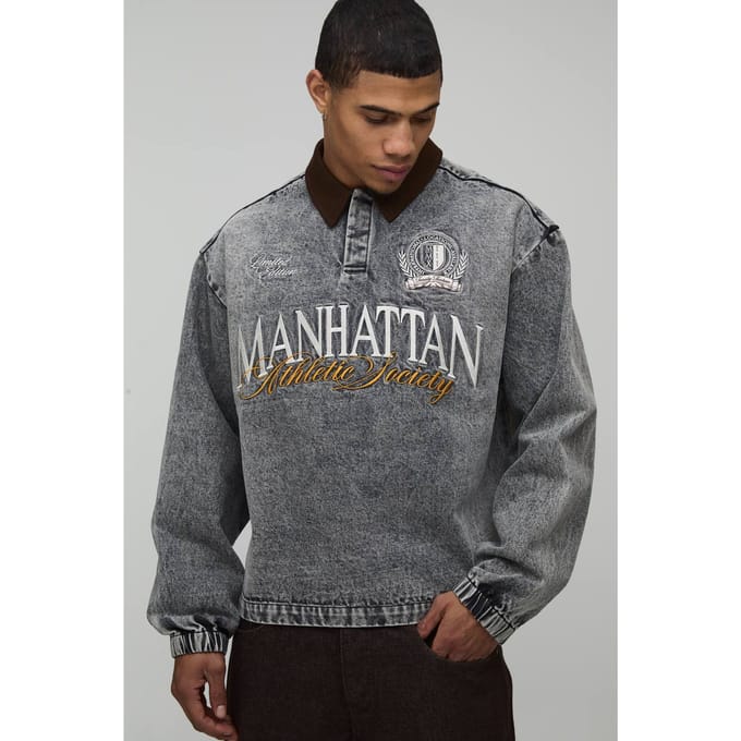 Stonewash Embroidered Oversized Varsity Denim Rugby Shirt | Size Medium