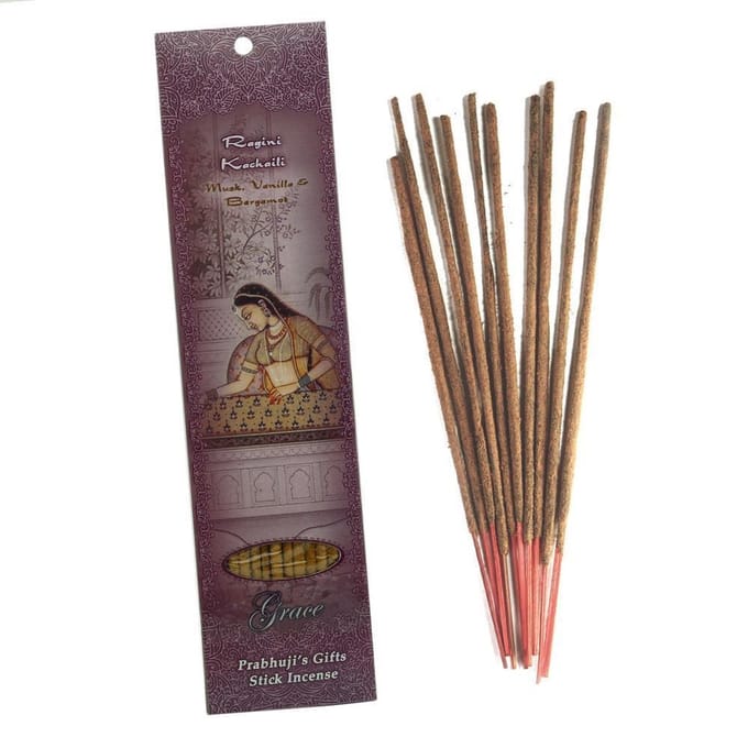 Wierooksticks, handgerold, 'Ragini Kachaili' met musk, vanille en bergamot, 20 sticks