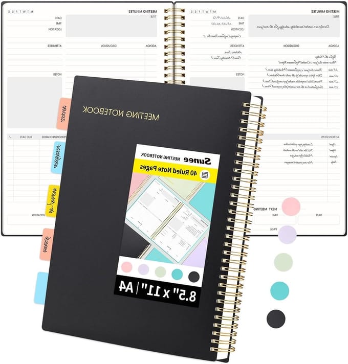 Vergader notitieboek - Project planner - Notities maken - Met actie-items - A4 formaat - Zwart
