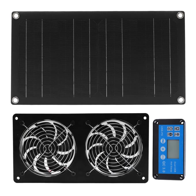 6 Inch Dubbele Afzuigventilatoren 20W Op Zonnepaneel Werking Ventilator met Tijdschakelaar black
