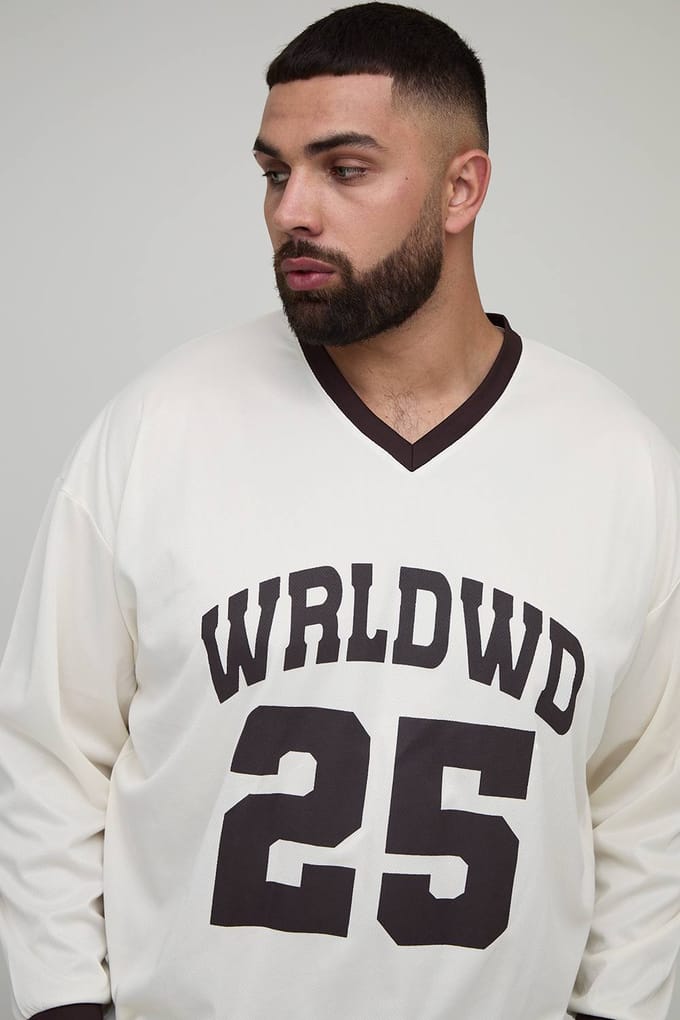 Plus Oversized WRLDWD Print Long-sleeved Sports T-Shirt | White | Size 3XL