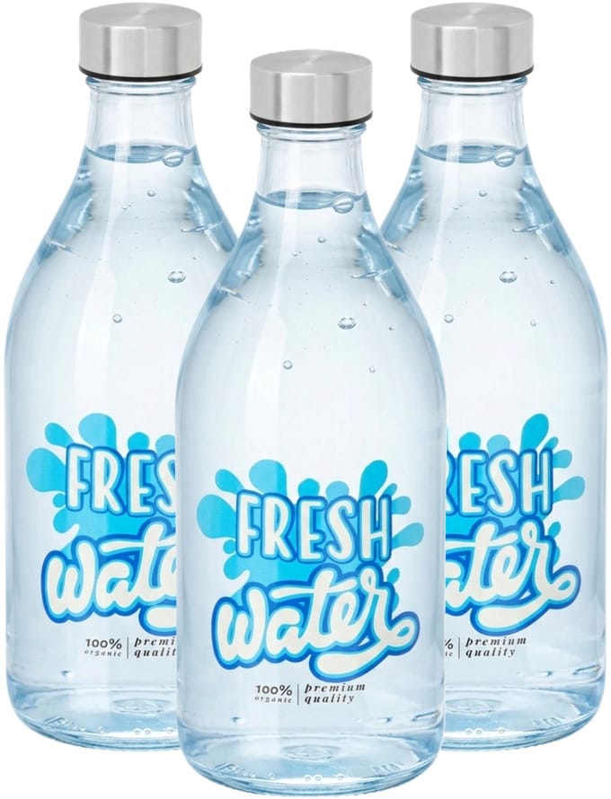 Vivalto Waterfles / drinkfles Fresh - 3x - glas - transparant - met RVS dop - 1000 ml