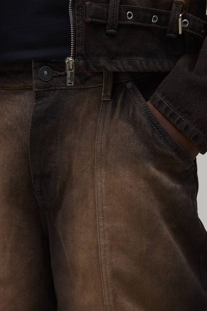 Baggy Stijve Bleach Washed Denim Jeans | Brown | Size 32R