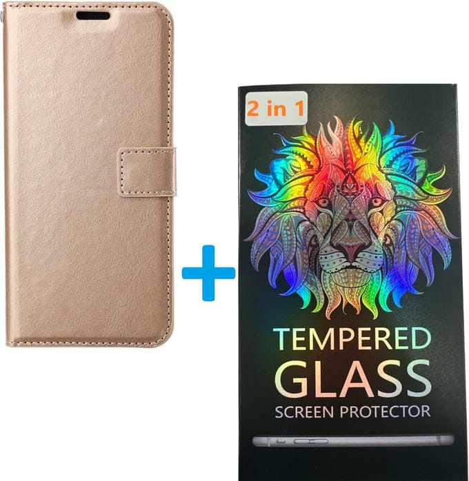Portemonnee BookCase Hoesje + 2 Pack Screenprotector Glas Geschikt voor: Samsung Galaxy A03 Core -goud