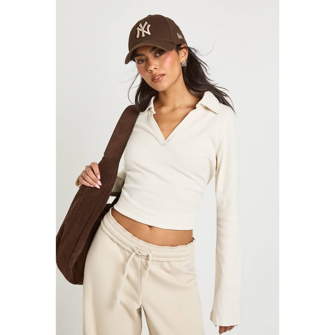 boohoo Dames Geribbelde Open Kraag Detail Top | Cream | Maat: 16
