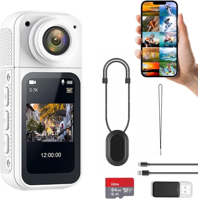 Mini Camera's - S70 2.7K Draagbare Camera - Magnetisch Ontwerp - 1.47 inch Scherm - Incl. 64GB & Halskoord - Wit