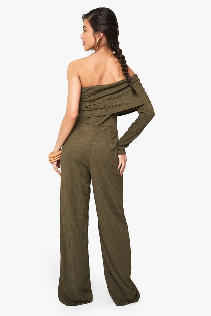 boohoo Dames One Shoulder Wide Leg Getextureerde Jumpsuit | Khaki | Maat: 14
