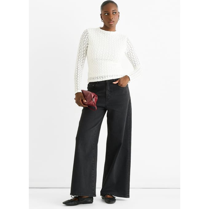 Witte top met hoge hals, jersey en kanten lange mouwen