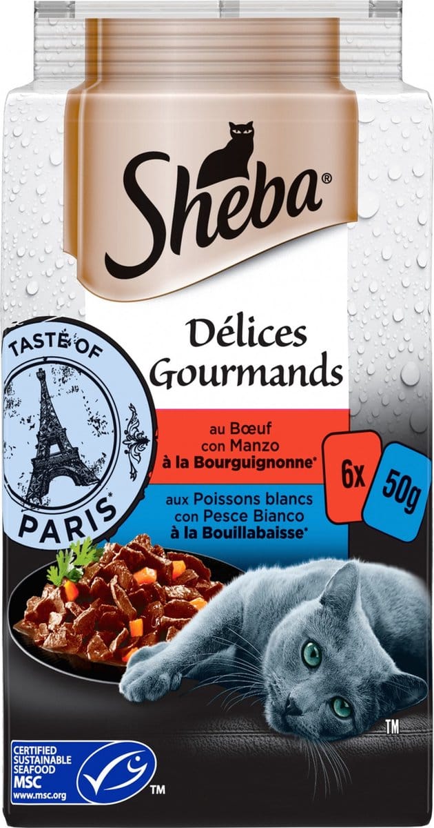 Sheba - Délices Gourmands met Rund en met Witvis 3x pakjes van 6x 50g